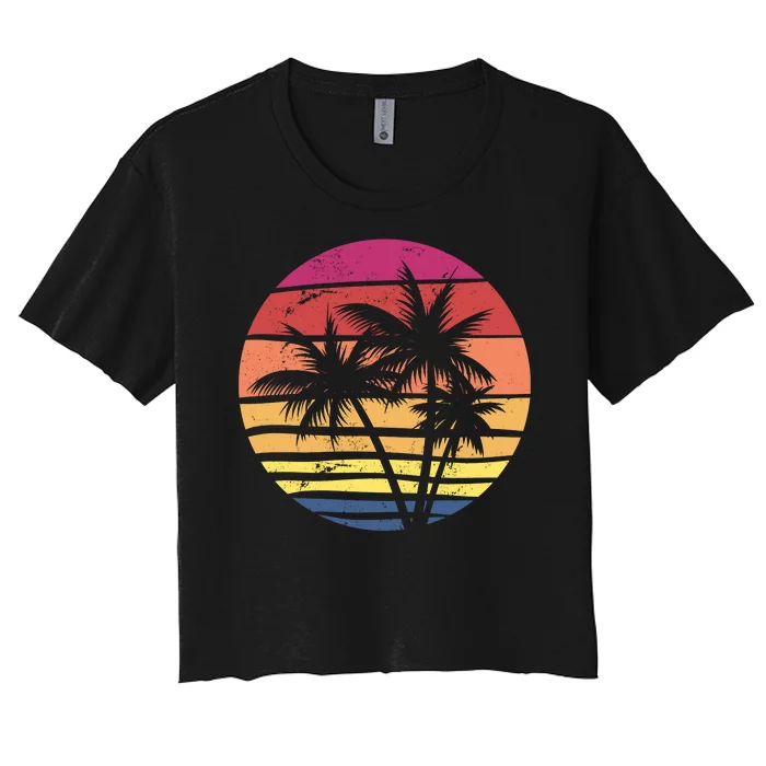 Summer Colorful Palm Tree Retro Sunset Women's Crop Top Tee