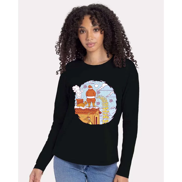 Santa Claus Peeing On Roof Funny Holiday Christmas Womens Cotton Relaxed Long Sleeve T-Shirt