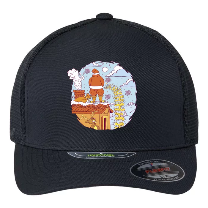 Santa Claus Peeing On Roof Funny Holiday Christmas Flexfit Unipanel Trucker Cap