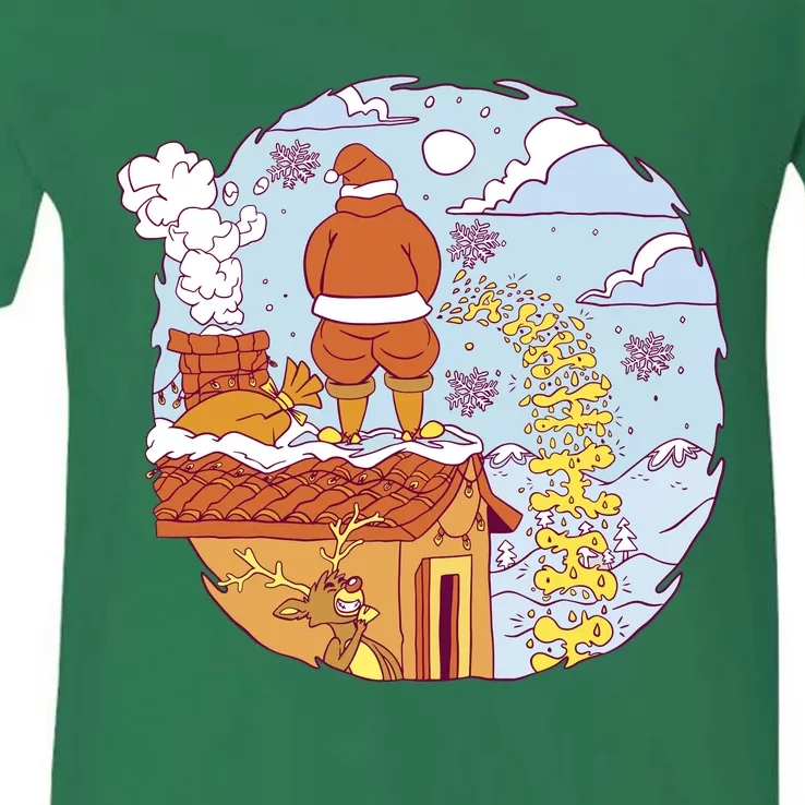 Santa Claus Peeing On Roof Funny Holiday Christmas V-Neck T-Shirt