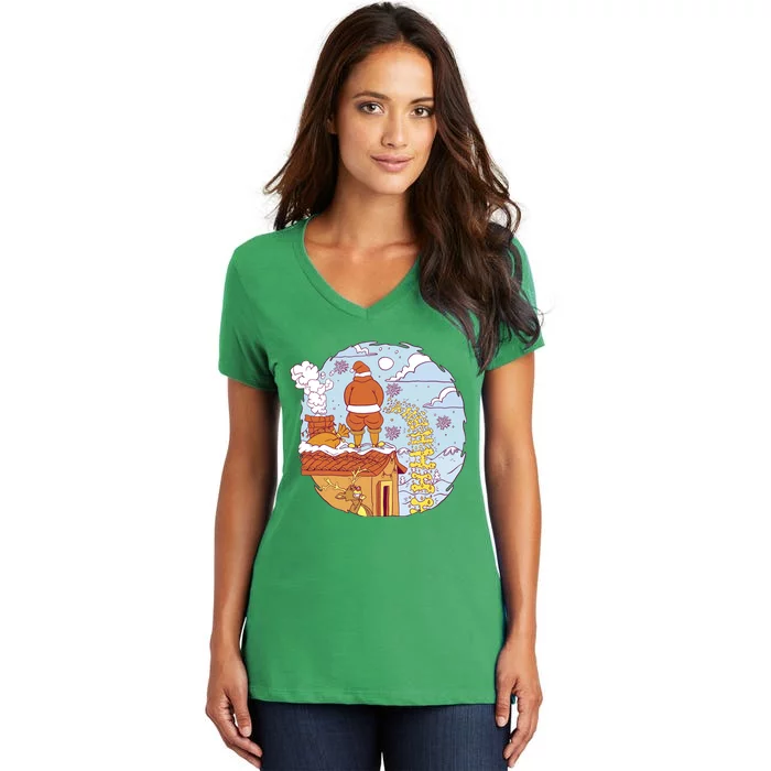 Santa Claus Peeing On Roof Funny Holiday Christmas Women's V-Neck T-Shirt