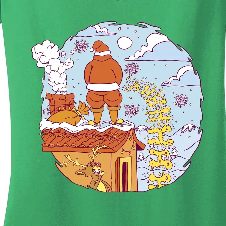 Santa Claus Peeing On Roof Funny Holiday Christmas Women's V-Neck T-Shirt