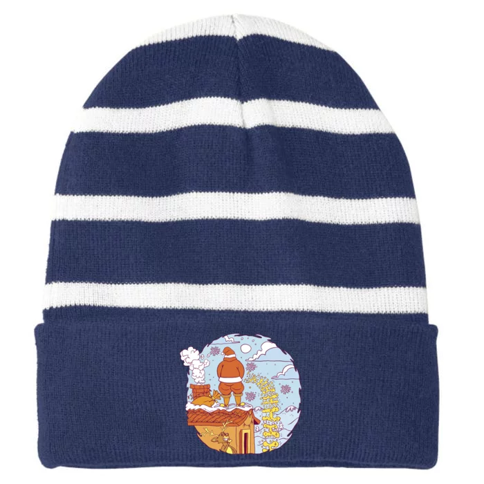 Santa Claus Peeing On Roof Funny Holiday Christmas Striped Beanie with Solid Band