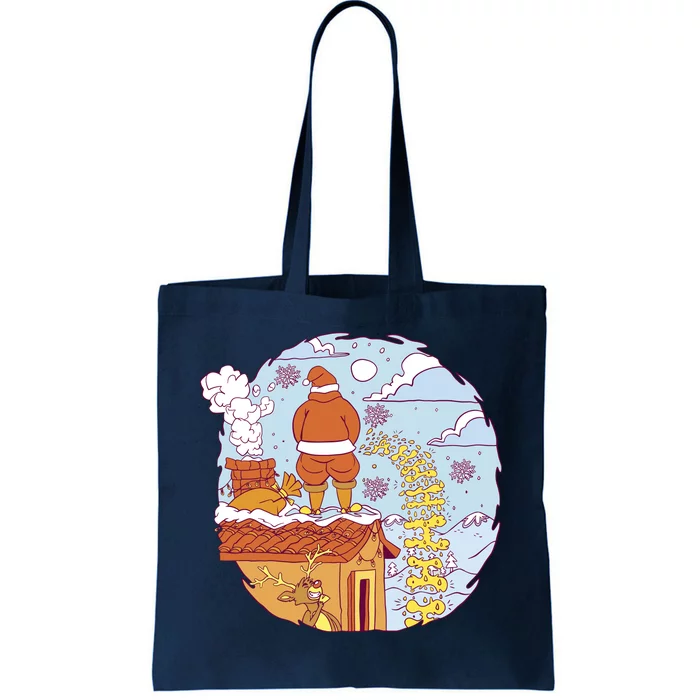 Santa Claus Peeing On Roof Funny Holiday Christmas Tote Bag