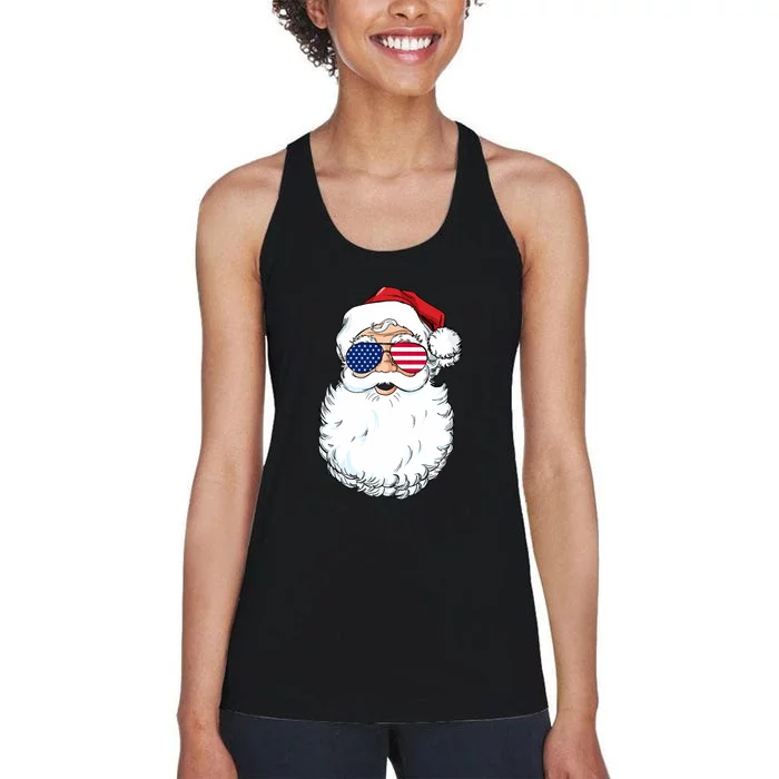 Santa Claus Patriotic USA Sunglasses Christmas In July Santa Women's Racerback Tank