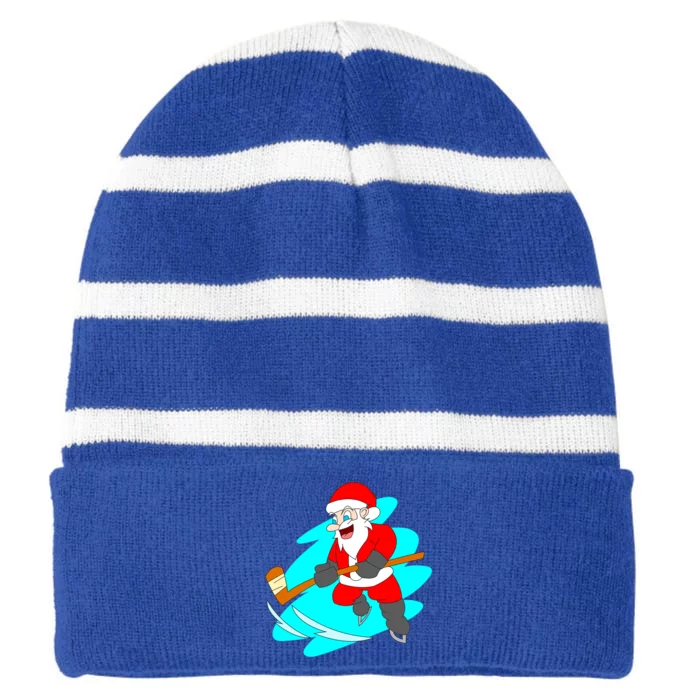 Santa Claus Playing Ice Hockey Player Christmas Celebration Gift Striped Beanie with Solid Band