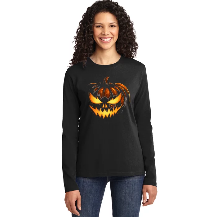 Scary Carved Pumpkin Face Jack O Lantern Halloween Costume Ladies Long Sleeve Shirt