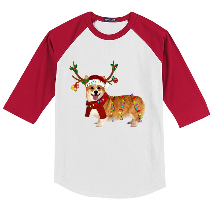 Santa Corgi Reindeer Light Christmas Gift Kids Colorblock Raglan Jersey