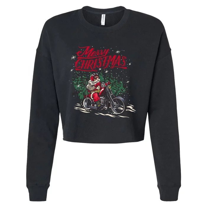 Santa Claus Riding A Motorcycle Christmas Design Cropped Pullover Crew