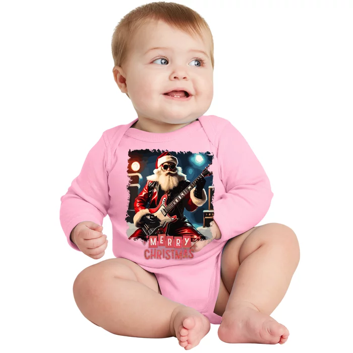 Santa Claus Rock Guitar Merry Christmas Baby Long Sleeve Bodysuit