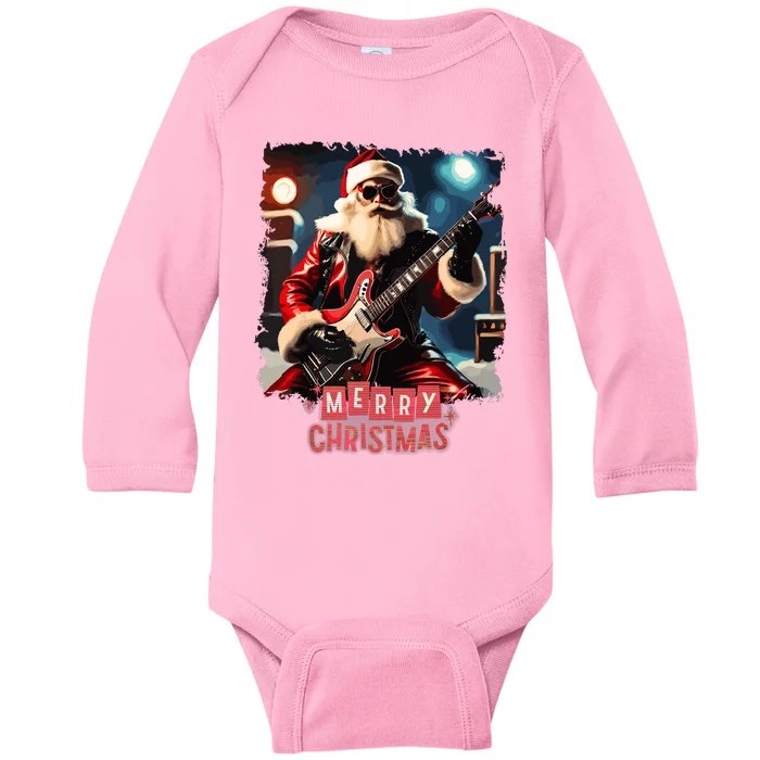 Santa Claus Rock Guitar Merry Christmas Baby Long Sleeve Bodysuit