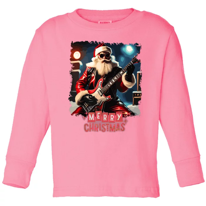 Santa Claus Rock Guitar Merry Christmas Toddler Long Sleeve Shirt