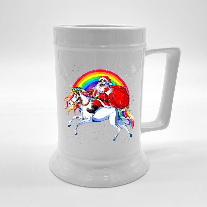 Santa Claus Riding Unicorn Rainbow Christmas Gifs Gift Front & Back Beer Stein