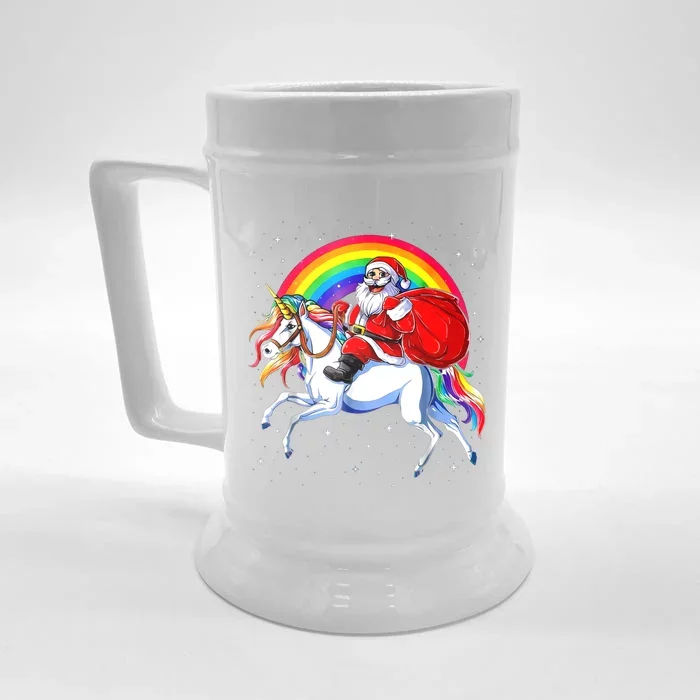 Santa Claus Riding Unicorn Rainbow Christmas Gifs Gift Front & Back Beer Stein