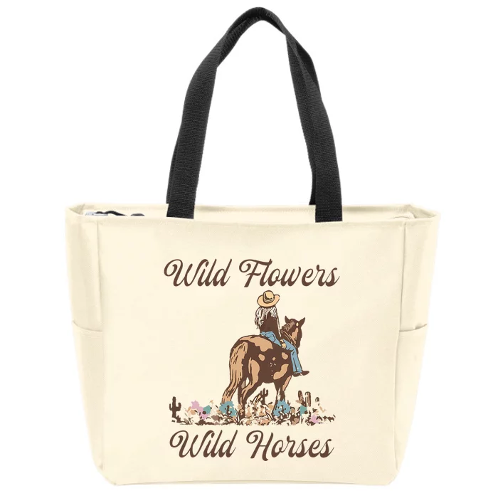 Sunset Cowgirl Riding Horse Wild Flowers Wild Horses Zip Tote Bag