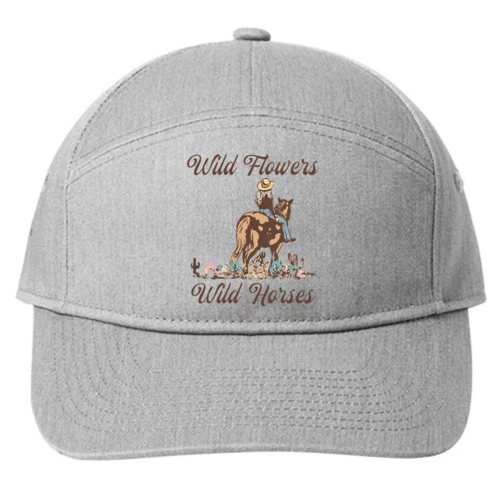 Sunset Cowgirl Riding Horse Wild Flowers Wild Horses 7-Panel Snapback Hat