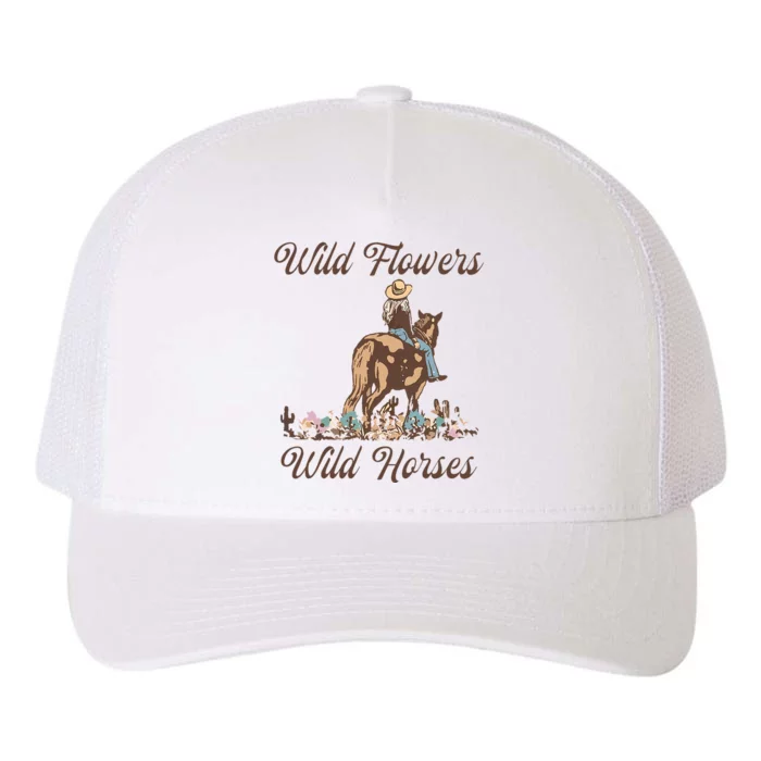 Sunset Cowgirl Riding Horse Wild Flowers Wild Horses Yupoong Adult 5-Panel Trucker Hat