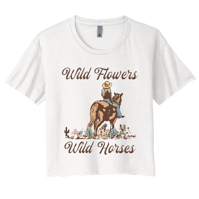 Sunset Cowgirl Riding Horse Wild Flowers Wild Horses Women's Crop Top Tee