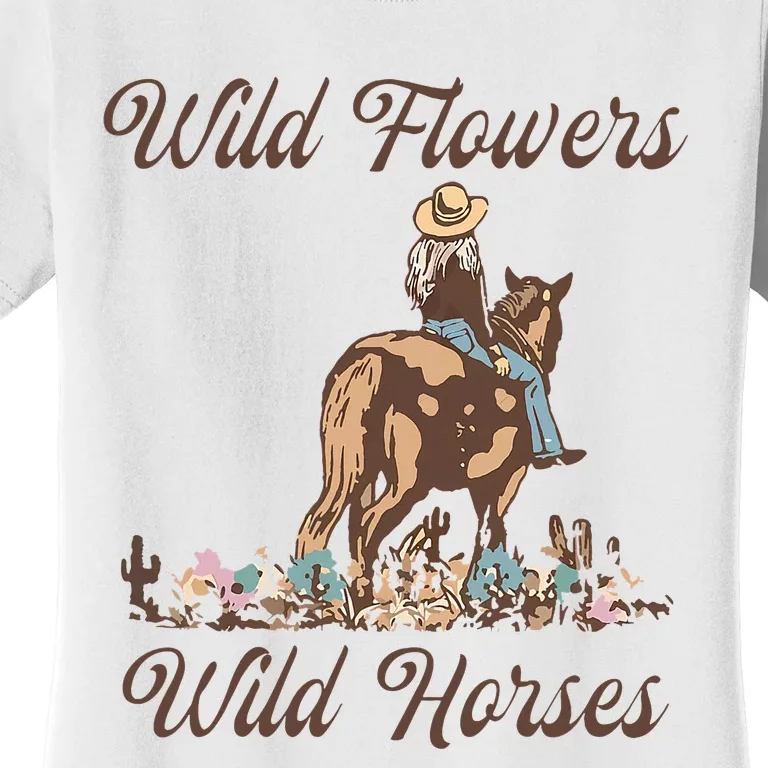 Sunset Cowgirl Riding Horse Wild Flowers Wild Horses Women's T-Shirt