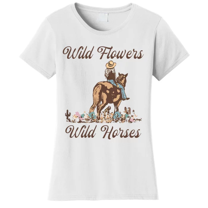 Sunset Cowgirl Riding Horse Wild Flowers Wild Horses Women's T-Shirt