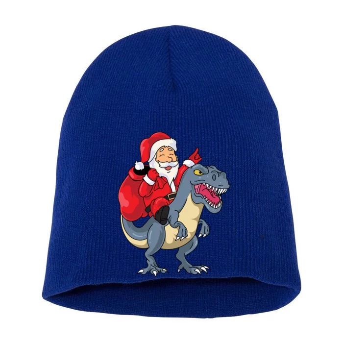 Santa Claus Riding Trex Dinosaur Christmas Dino Tree Rex Gift Short Acrylic Beanie