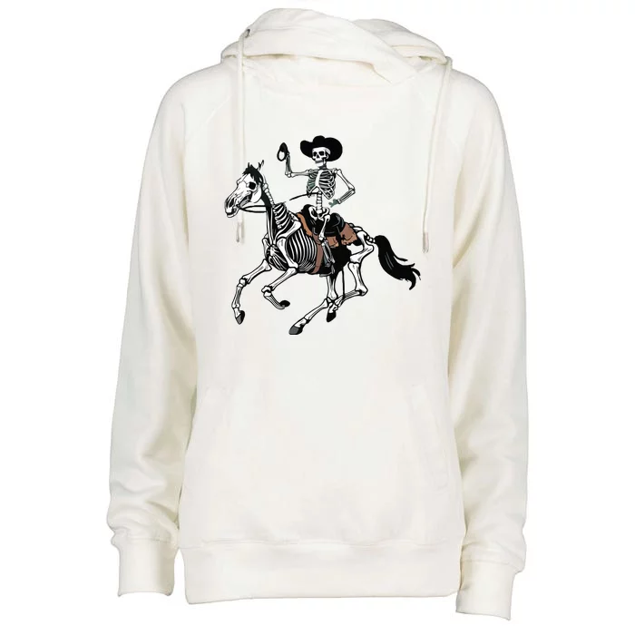 Skeleton Cowboy Riding Horse Halloween Rider Costume Vneck Womens Funnel Neck Pullover Hood