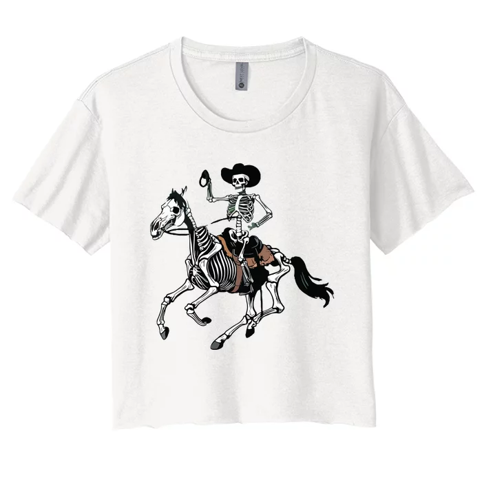 Skeleton Cowboy Riding Horse Halloween Rider Costume Vneck Women's Crop Top Tee