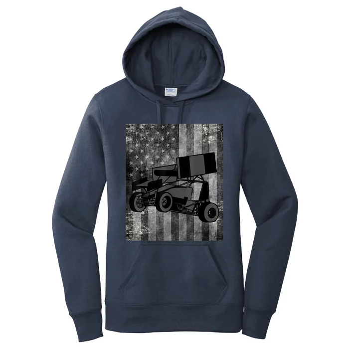 Sprint Car Racing Black Grey American Flag Dirt Track Cars Women's Pullover Hoodie