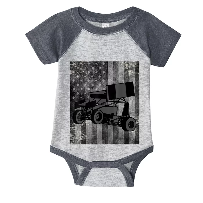 Sprint Car Racing Black Grey American Flag Dirt Track Cars Infant Baby Jersey Bodysuit