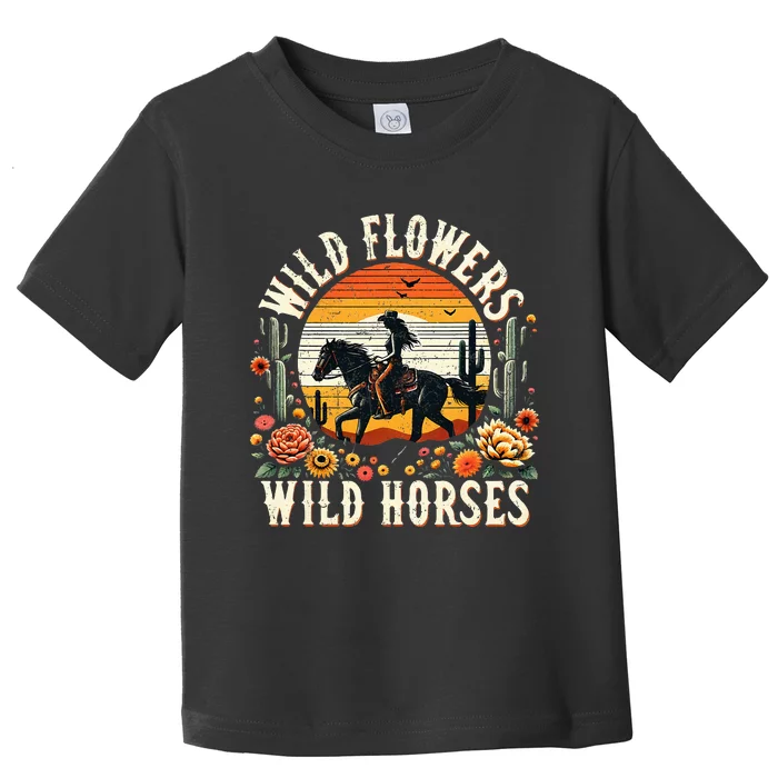 Sunset Cowgirl Riding Horse Wild Flowers Wild Horses Toddler T-Shirt