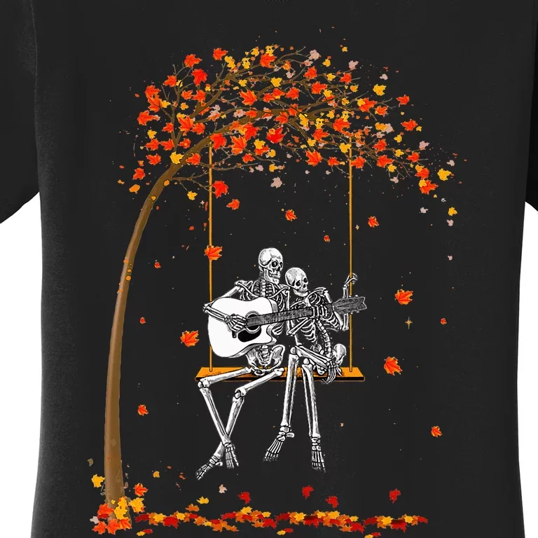 Skeleton Couple Rock On Autumn Tree Swing Playing Guitar Women's T-Shirt