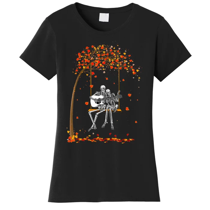 Skeleton Couple Rock On Autumn Tree Swing Playing Guitar Women's T-Shirt