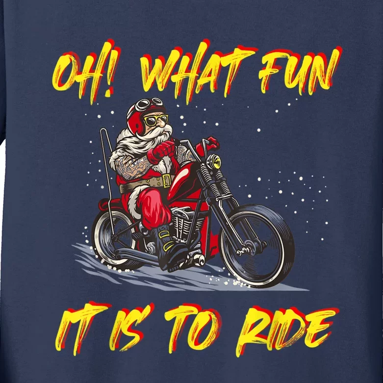 Santa Claus Riding Motorcycle Xmas Biker Present Christmas Kids Long Sleeve Shirt