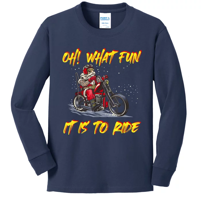 Santa Claus Riding Motorcycle Xmas Biker Present Christmas Kids Long Sleeve Shirt