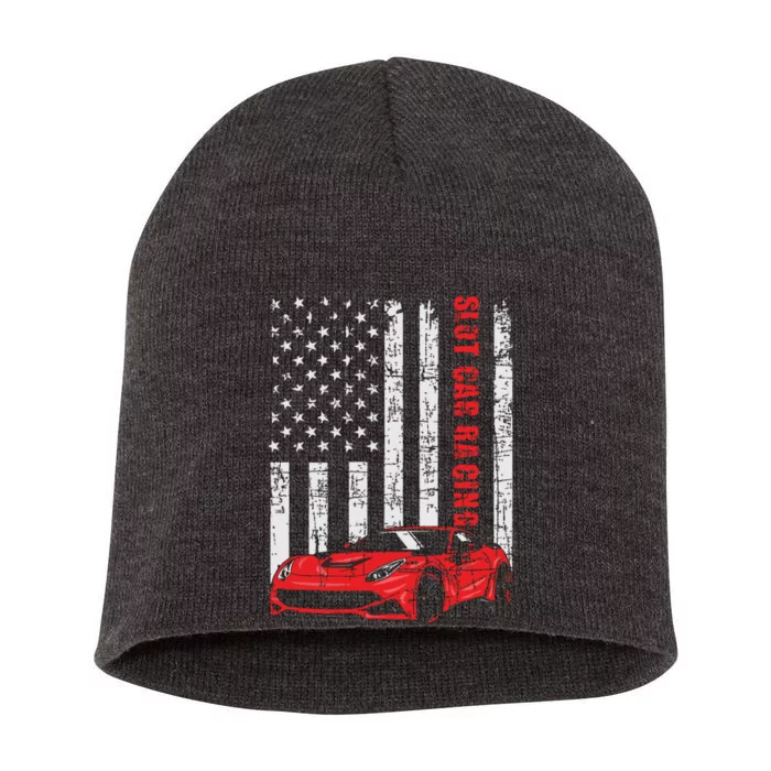 Slot Car Racing USA American Flag Car Lover Drag Racer Short Acrylic Beanie