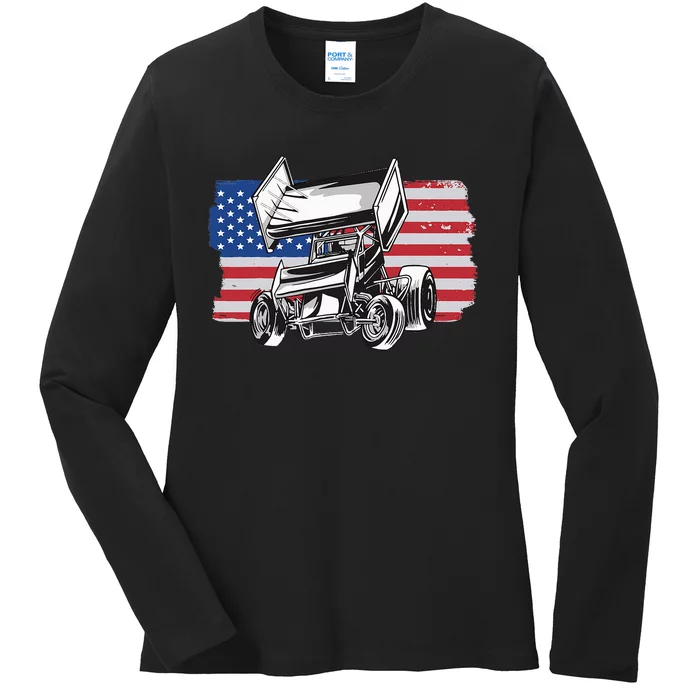 Sprint Car Racing Usa Flag Ladies Long Sleeve Shirt