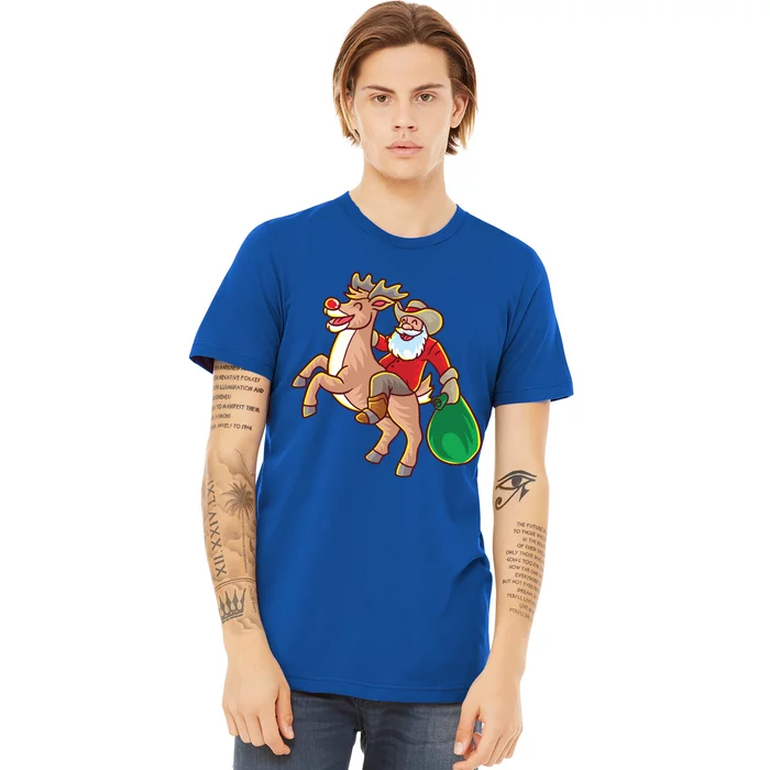 Santa Claus Riding A Reindeer Funny Christmas Cow Claus Gift Premium T-Shirt