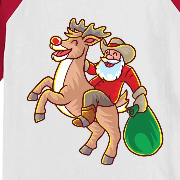 Santa Claus Riding A Reindeer Funny Christmas Cow Claus Gift Kids Colorblock Raglan Jersey