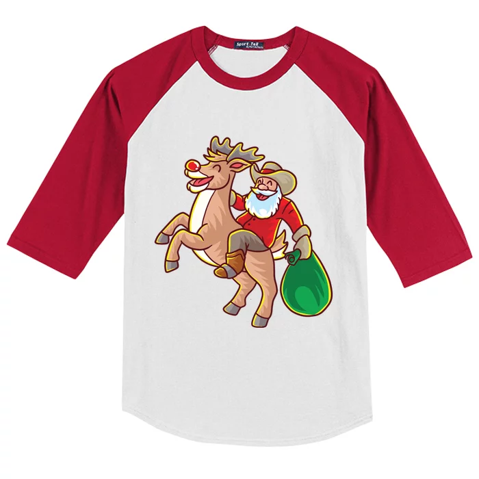 Santa Claus Riding A Reindeer Funny Christmas Cow Claus Gift Kids Colorblock Raglan Jersey