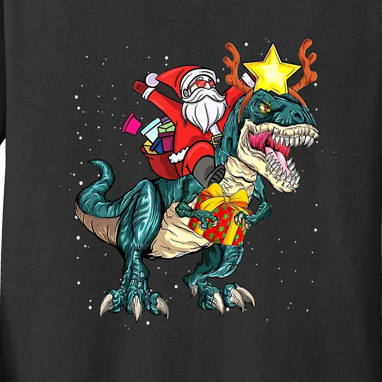 Santa Claus Riding Dinosaur T Rex Christmas Ugly Xmas Boys Kids Long Sleeve Shirt