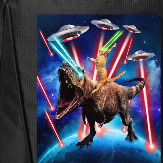 Space Cat Riding Dinosaur T Rex Laser Eyes UFO Funny Cat City Backpack