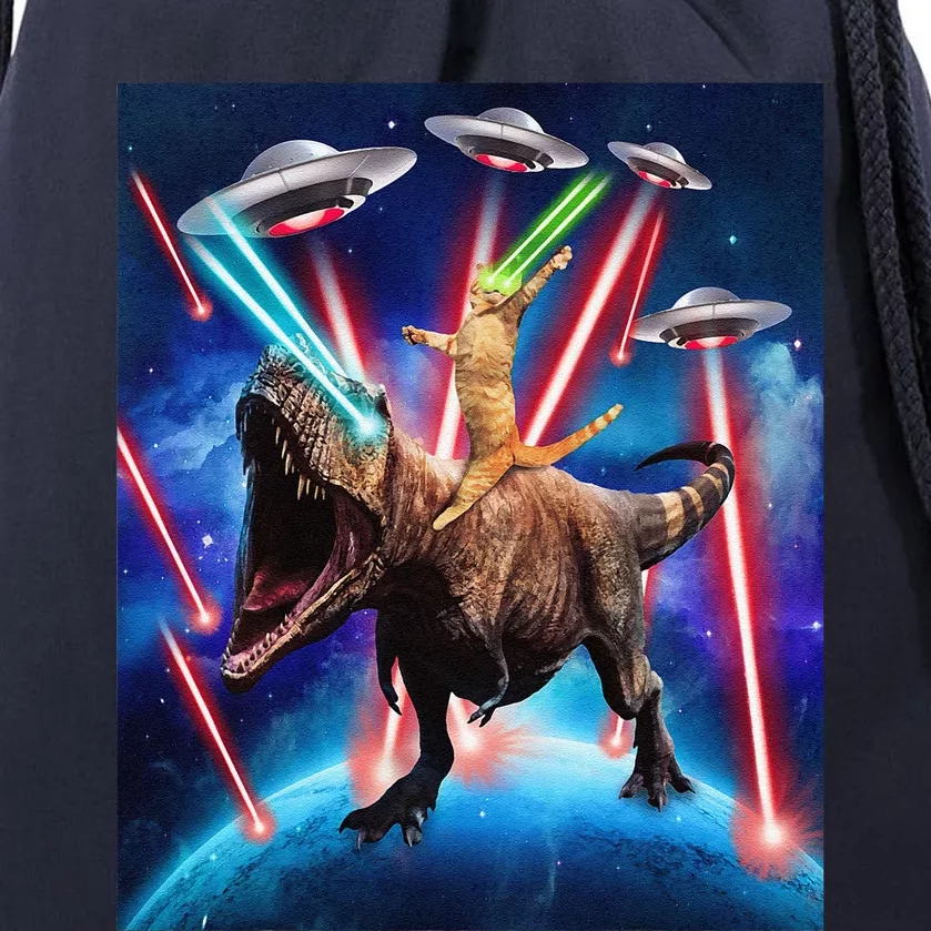 Space Cat Riding Dinosaur T Rex Laser Eyes UFO Funny Cat Drawstring Bag