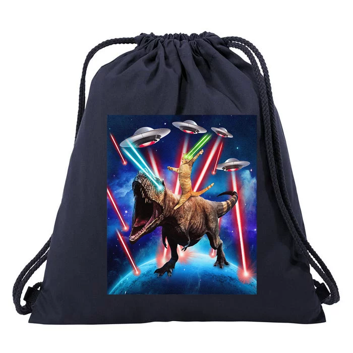 Space Cat Riding Dinosaur T Rex Laser Eyes UFO Funny Cat Drawstring Bag