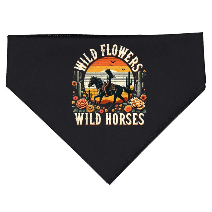 Sunset Cowgirl Riding Horse Wild Flowers Wild Horses USA-Made Doggie Bandana