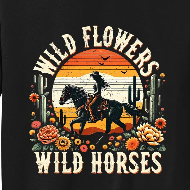 Sunset Cowgirl Riding Horse Wild Flowers Wild Horses Sweatshirt