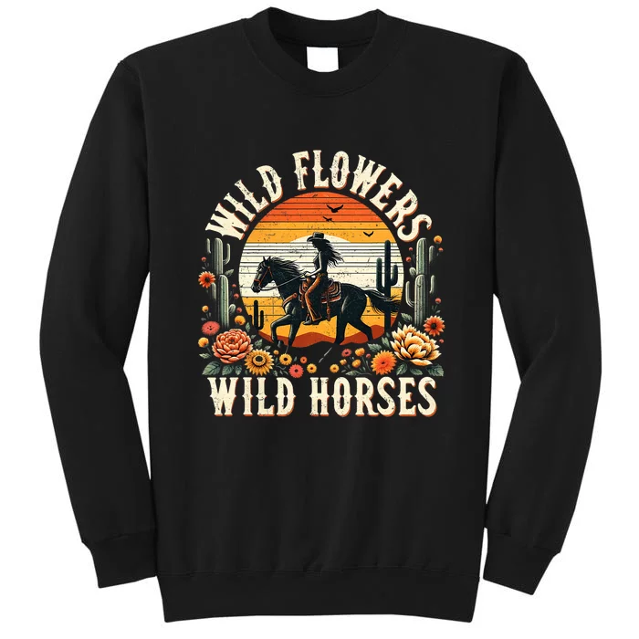 Sunset Cowgirl Riding Horse Wild Flowers Wild Horses Sweatshirt