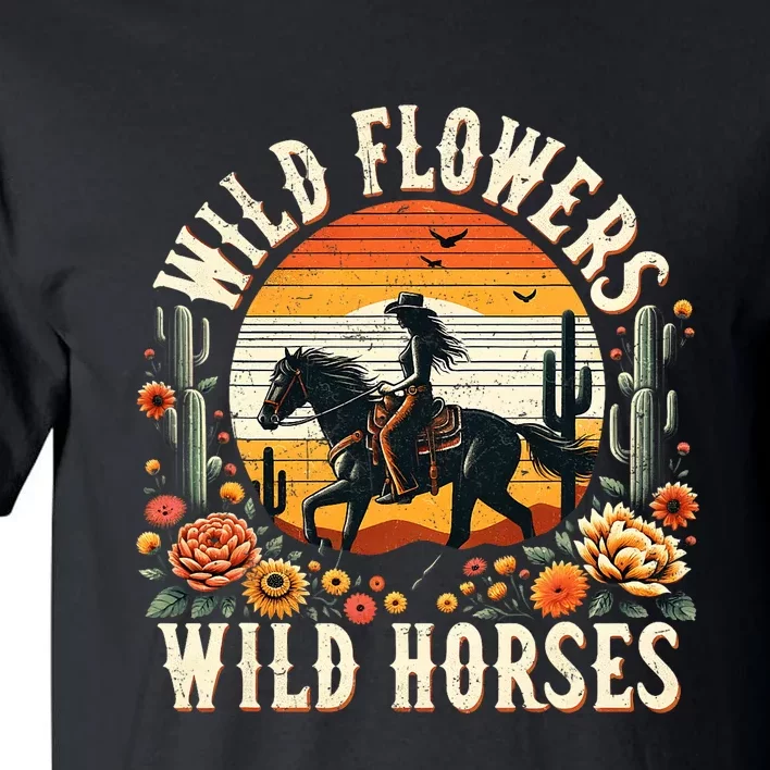 Sunset Cowgirl Riding Horse Wild Flowers Wild Horses Tall T-Shirt