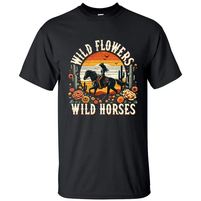 Sunset Cowgirl Riding Horse Wild Flowers Wild Horses Tall T-Shirt