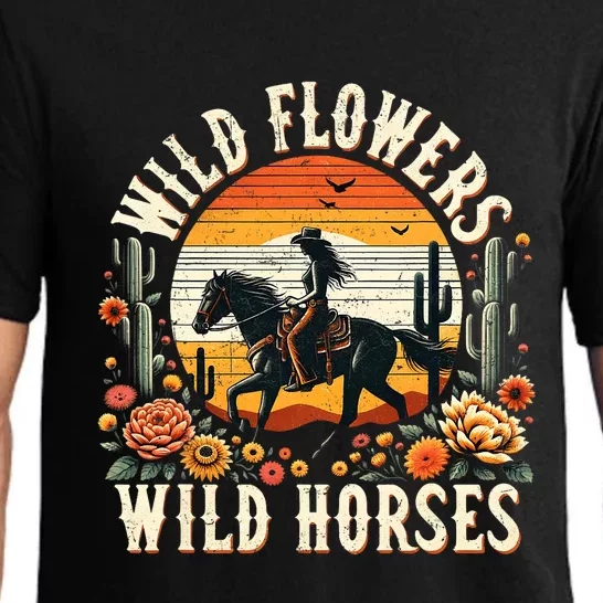 Sunset Cowgirl Riding Horse Wild Flowers Wild Horses Pajama Set