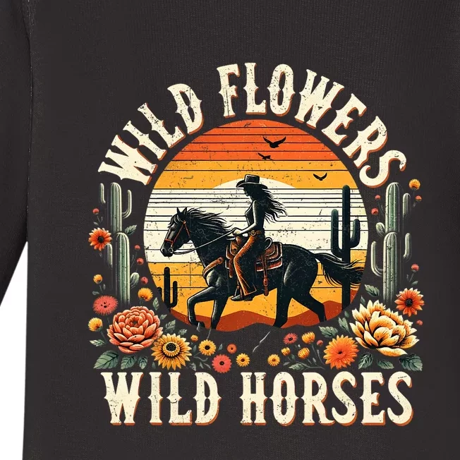 Sunset Cowgirl Riding Horse Wild Flowers Wild Horses Baby Long Sleeve Bodysuit